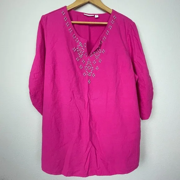 Susan Graver Pink Beaded Top 1X Roll-Tab Sleeve Casual Cotton Coastal Everyday - Picture 1 of 7